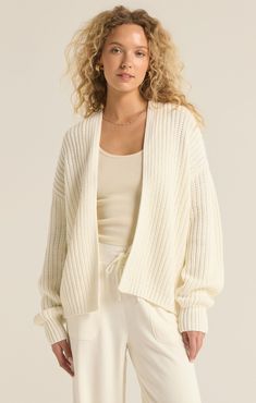 Sutton Rib Cardigan-Cardigans-Vixen Collection Moroccan Oil Hair, Rib Cardigan, Long Sleeve Outerwear, Denim Sweater, Easy Style, Day Spa, Ribbed Cardigan, Tops Fall, Fitted Sweater