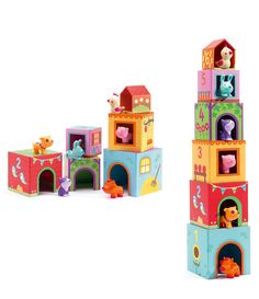 a toy tower with animals and other toys on it's sides, in front of a white background