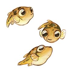 three small fish with big eyes are shown in this cartoon style drawing, which appears to be drawn by hand