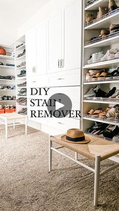 a room filled with lots of shoes and hats on top of shelving unit shelves