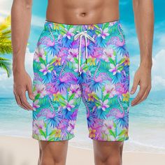 Pink Flamingo Tropical Beach Shorts For Men is an essential piece of clothing for any guy who loves spending time at the beach, pool, or any other water body. These shorts not only provide comfort and protection during aquatic activities but also give you a stylish look that you can flaunt at any beach party or poolside event. Don't miss out on this great opportunity to enhance your beach wear collection - order now and experience the ultimate in comfort and functionality! FEATURE: Material: 95%