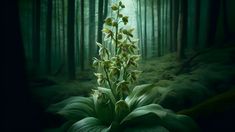 an image of a plant in the middle of a forest with light coming from behind it