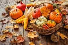 a basket filled with lots of pumpkins and corn on top of a wooden table