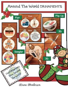 around the world ornament set up with pictures and instructions to make them look like christmas decorations