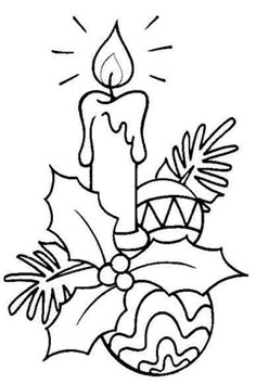 a christmas candle with holly leaves and an ornament in the background coloring page