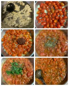 four pictures showing different stages of cooking tomatoes and other food items including rice, meat, and vegetables