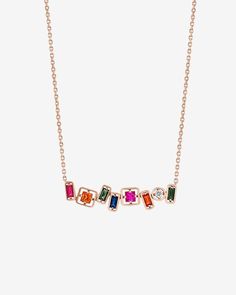 Suzanne Kalan Inlay Rainbow Sapphire Bar Pendant in 18k rose gold White Diamond Necklace, Rainbow Sapphires, Diamonds Necklace, Suzanne Kalan, Bar Pendant, White Diamonds, Ear Studs, Necklace Length, Princess Cut