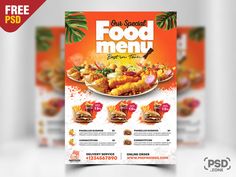 a restaurant flyer with food items on it