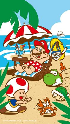 an image of mario on the beach with other cartoon characters in the sand and umbrellas