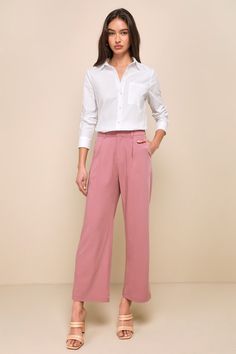 Create a luxe look in an instant with the Lulus Posh Mindset Mauve High-Waisted Wide-Leg Trouser Pants! Sleek woven fabric shapes these style-forward pants that have a high-waisted silhouette (with elastic at the back for best fit), belt loops, a hidden zip-fly, and double-clasp top closures. Relaxed, wide pant legs with side seam pockets end at ankle-length hems. Fit: This garment fits true to size. Length: Ankle length. Size medium Inseam: 28.00 Front Rise: 12.75 Waist: Fitted - elastic waist Chic Wide Leg Pants For Daywear, Chic Fitted Wide Leg Pants For Daywear, Elegant Wide Leg Bottoms For Office Wear, Feminine Bottoms For Daywear, Daywear Bottoms With Welt Pockets, Elegant High Waist Bottoms For Daywear, Versatile High-waisted Pants For Daywear, Elegant Wide Leg Bottoms With Pockets, Chic Tailored Bottoms With Pockets