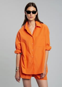 Lui Organic Cotton Shirt - Tangerine Shirt The Frankie Shop Nighttime Outfits, Neon Dress, The Frankie Shop, Chic Blazer, Shirting Fabric, Frankie Shop, Orange Shirt, Poplin Shirt, Logo Embroidery