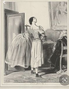 an illustration of a woman standing in front of a bed looking at another woman's dress