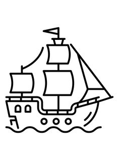 a black and white drawing of a pirate ship with sails on it's side