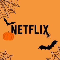 the netflix logo with bats and pumpkins in front of it, on an orange background