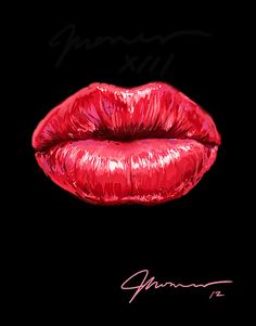 a painting of a red lip on a black background with the word's name written below it