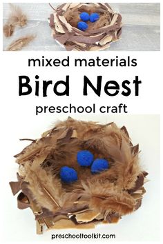 birds nest with blue balls in it and the words mixed materials bird nest preschool craft