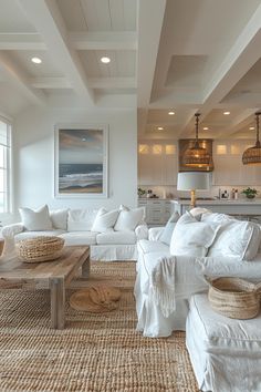 15 Chic Neutral Coastal Living Room Ideas You Will Love East Coast Coastal Interior Design, Living Room Designs Coastal Modern, Coastal House Living Room, White Beach House Interiors, Wicker Living Room, Beach Coastal Interior Design, Hamptons Style Decor Living Rooms, Beach House Living Room Ideas, Beachy Home