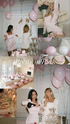 two women in white dresses are posing with pink balloons and desserts on the table