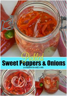 pickled sweet peppers and onions in a mason jar with text overlay that reads pickled sweet peppers and onions