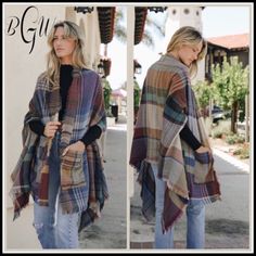 Multicolor Plaid Pocket Ruana/Poncho Dimensions 40" X 27" 100% Acrylic Imported One-size Multicolor Scarf For Fall, One Size Multicolor Scarves For Fall, Multicolor Scarf, One Size, For Fall, Multicolor One Size Scarf For Fall, Multicolor One Size Scarves For Fall, Bohemian Multicolor Poncho For Fall, Multicolor Bohemian Poncho For Fall, Multicolor Shawl Scarves For Fall, Casual Fall Shawl Poncho