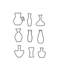 a set of nine vases sitting next to each other on a white background in black and white