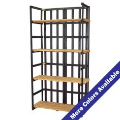 a black metal and wood shelving unit with three shelves on each side, one shelf has