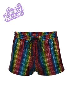 Get ready to unleash your Pride Vibes and Taste the Rainbow in our holographic Retro Running Shorts. These stretchy & fabulous shorts are handcrafted with love and feature our limited edition holographic Taste The Rainbow fabric that's as vibrant as your pride.  Designed to make you look as good as you feel, these shorts will have you strutting your stuff and showing off your true colors. Embrace the joy, celebrate love and Taste The Rainbow. Vintage Rainbow Retro Vibes Back Pocket Elastic & Drawstring Waistband Limited Edition Fabric Hand Made with Love Contact us with questions, custom orders & sizing requests, we're always happy to help. Metallic Stretch Disco Shorts, Disco Style Shorts For Night Out, Metallic Disco Shorts For Night Out, Iridescent Bottoms For Summer Party, Disco Style Stretch Summer Shorts, Summer Party Multicolor Shorts, Multicolor Short Bottoms For Party, Multicolor Rave Bottoms For Party, Rave Multicolor Party Bottoms