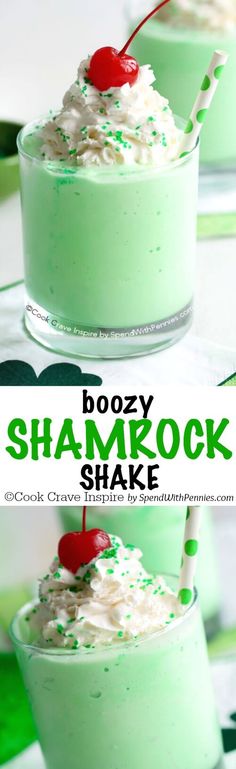 boozy shamrock shake recipe with whipped cream and sprinkles