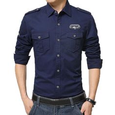 Men's Casual Turn-Down Collar Single Breasted Shirt - Zorket Blue Slim Fit Shirt With Casual Collar, Navy Cotton Shirt With Casual Collar, Navy Casual Shirt With Collar, Slim Fit Cotton Tops With Pockets, Navy Casual Shirt With Casual Collar, Navy Long Sleeve Cotton Shirt, Navy Slim Fit Shirt For Summer, Casual Blue Slim Fit Shirt, Blue Slim Fit Casual Shirt