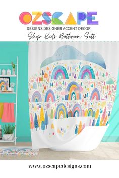 a colorful bathroom with rainbows and clouds on the shower curtain is featured in this ad