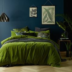 a bedroom with blue walls and green bedding in front of a plant on the wall