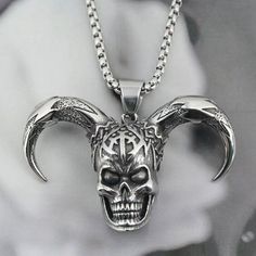 Men Silver Horns Skull Pendant Necklace Gothic Punk Retro Rock Jewelry Chain 24" | eBay Edgy Halloween Streetwear Necklaces, Edgy Halloween Streetwear Necklace, Punk Style Metal Necklace With Skull Print, Punk Metal Necklace With Skull Print, Skull Print Metal Jewelry For Streetwear, Gothic Metal Skull Necklace, Skull Print Gothic Jewelry For Streetwear, Punk Skull Necklace With Chain, Gothic Skull Necklace With Chain