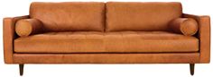 a brown leather couch sitting on top of a white floor