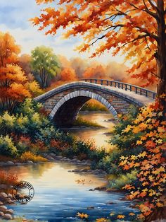 a painting of a bridge over a river with fall foliage on the trees and rocks