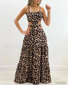 Lasaky - Leopard Print Cutout Waist Maxi Dress Wardrobe Photoshoot, Winter Formal Dresses Long, Cutout Maxi Dress, Dress Women Elegant, Ruffles Fashion, Maxi Dresses Casual, Leopard Pattern, Club Dresses, Long Maxi Dress