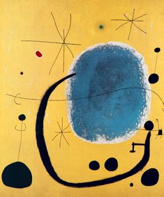 an abstract painting with blue and black circles on yellow background, surrounded by smaller dots