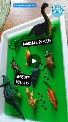 an image of dinosaurs on a green tray with the words dinosaurs rescue and sensory activity