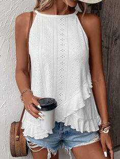 Eyelet Embroidery Ruffle Trim Halter Top White Casual   Knitted Fabric Plain Halter Medium Stretch  Women Clothing, size features are:Bust: ,Length: ,Sleeve Length: Plus Size Camisoles, Womens Halter Tops, Eyelet Embroidery, Women Tank Tops, Halter Tops, Plus Size Tank Tops, Loungewear Set, Boho Casual, Hoodie Dress