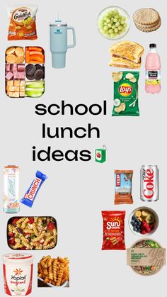 an advertisement for school lunch ideas is shown in the middle of a poster with images of food