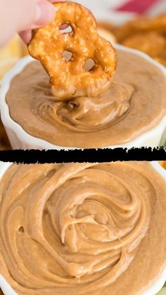 two pictures of pretzels being dipped with peanut butter and dipping them into chocolate