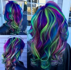 Teal And Rainbow Hair, Vivid Hair Color Ideas For Fall, Blue Green Black Hair, Rainbow Color Hair Ideas, Rain Bow Hair, Unique Vivid Hair, Purple Hair Green Highlights, Purple And Lime Green Hair