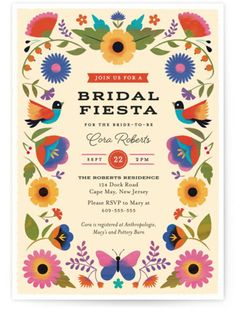 a pink floral bridal fiesta party card with colorful flowers and birds on the border