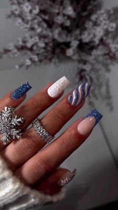 Blue Glitter Nails, Acrylic Nails Coffin Short, Festival Nails, Short Acrylic Nails Designs, Xmas Nails, Dipped Nails, Nails Coffin