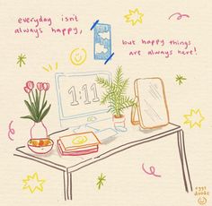 a drawing of a desk with flowers, books and a laptop on it that says 11 eleven