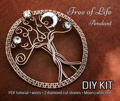 the tree of life pendant is made from wire and features swarong stones, moon catchers, and crystals