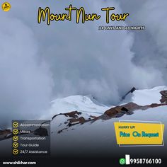 the mountains are covered with snow and clouds in this ad for mountin'n tour