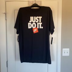 Nike Just Do It Classic Tee Xlarge Nwt Nike Orange Crew Neck T-shirt, Nike Black Shirt With Letter Print, Nike Casual Orange Tops, Casual Nike Orange Tops, Casual Orange Nike Tops, Nike Black Shirt For Streetwear, Nike Black Casual Shirt, Shirts Nike, Pretty Shirts