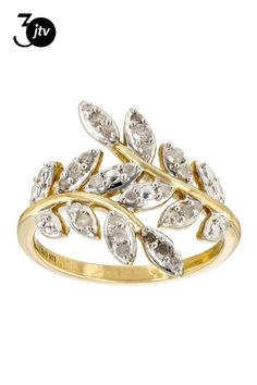 Engild��� 0.35ctw round white diamond, 14k yellow gold over sterling silver bypass leaf ring. Measures approximately 11/16"L x 11/16"W and is not sizeable. White rhodium enhanced prongs. Leaf Ring, White Diamond, Yellow Gold, Sterling Silver, Ring, Yellow, Silver, Gold, White