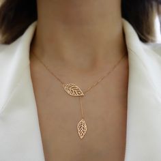 "\"Double Leaf Gold Necklace | Mother of Nature, Leaves of Tree Golden Pendant | Outline Hollow Leaves | Elegant Design | Gift for Her\" Perfect gift for your girlfriend, feyonce, wife, mother, daughter and for you best friend It can be gifted in anniversary, birthday, graduation, baby shower, and similar occasions. * Material: 14k Yellow Gold, 14k Rose Gold, 14k White Gold * Leaf Size (On Top): 0,87\" x 0,43\" // 22mm x 11mm (±5%) * Necklace Length: 14\" - 20\" // 35,6cm - 50,8cm (Please contac Engraved Rose Gold Necklaces In Fine Jewelry Style, Engraved Rose Gold Necklaces Fine Jewelry, Engraved Rose Gold Fine Jewelry Necklaces, Engraved Rose Gold Fine Jewelry Necklace, Delicate 14k Gold Filled Engraved Necklaces, Delicate Engraved 14k Gold-filled Necklaces, Delicate Engraved 14k Gold Filled Necklaces, Handmade Yellow Gold Lariat Jewelry, Gold Plated Lariat Jewelry For Wedding