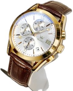 Gold Chronograph Watch With Leather Strap, Gold Leather Watch With Tachymeter, Gold Leather Watch Accessories With Tachymeter, Gold Leather Chronograph Watch With Tachymeter, Gold Chronograph Watch With Leather Strap And Tachymeter, Large Face, Business Dress, Watch For Men, Face Men